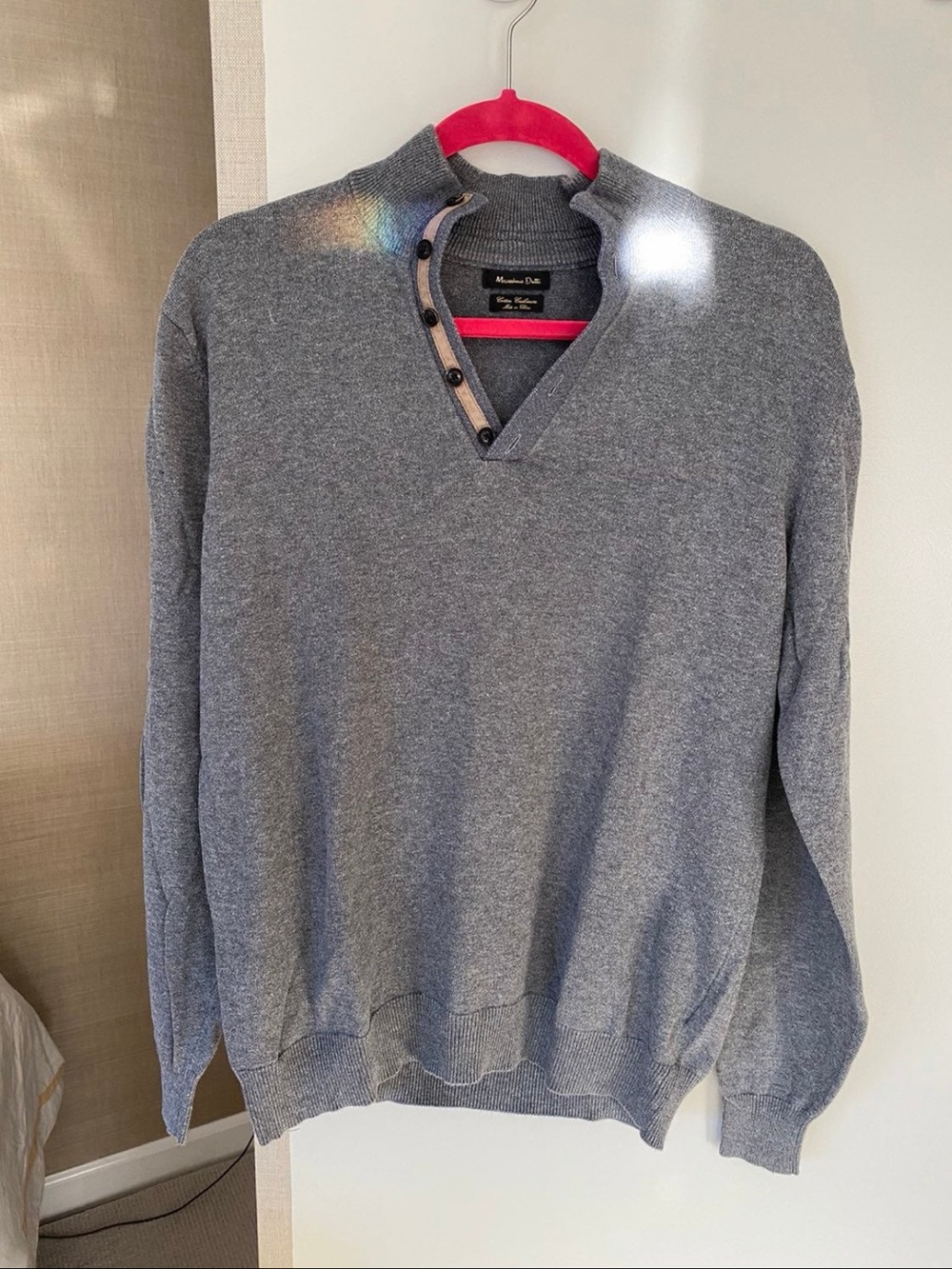 Massimo Dutti Men's Grey V-Neck Button-Placket Sweater